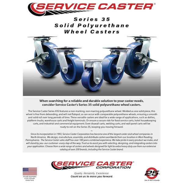 8 Inch Solid Poly Caster Brakes/Swivel Locks and 2 Rigid, 2PK